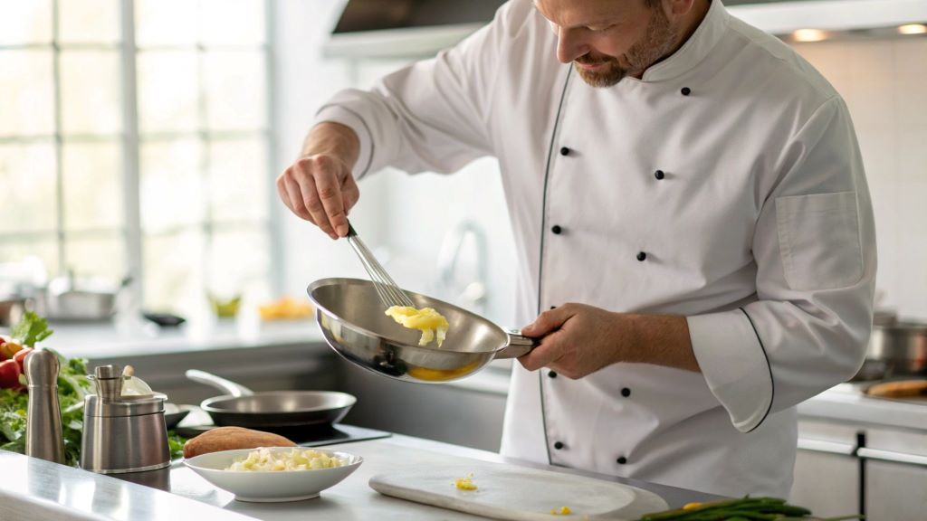 Professional chef demonstrating cooking techniques using margarine in a stainless steel pan, showcasing expert kitchen tips and techniques