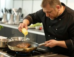 Professional chef demonstrating cooking with margarine in a stainless steel pan, highlighting techniques for perfect searing and flavor mastery