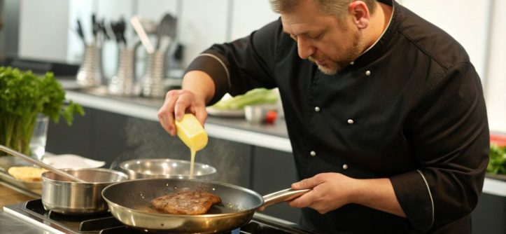 Professional chef demonstrating cooking with margarine in a stainless steel pan, highlighting techniques for perfect searing and flavor mastery