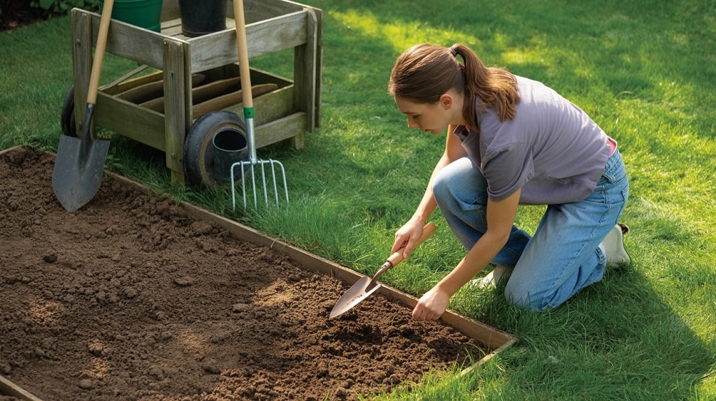 Step-by-step guide to removing grass and preparing a garden bed for planting.