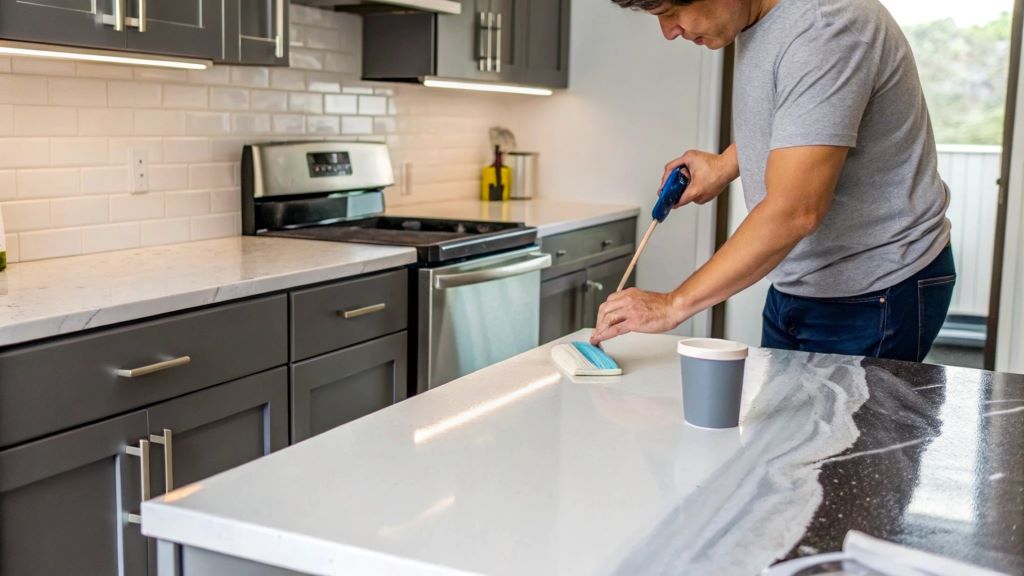 Homeowner painting laminate countertops in a modern kitchen, showing how to transform kitchen surfaces on a budget with DIY painting