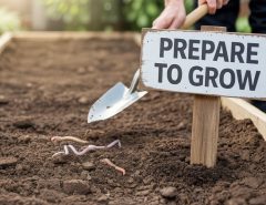 Illustration showing a backyard garden with patches of grass being removed using tools, representing a guide to preparing soil for planting.