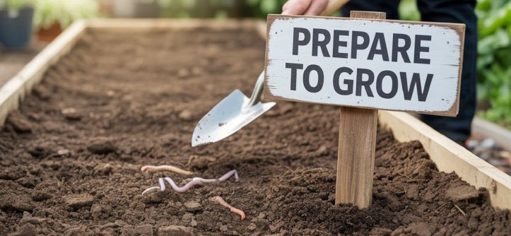 Illustration showing a backyard garden with patches of grass being removed using tools, representing a guide to preparing soil for planting.