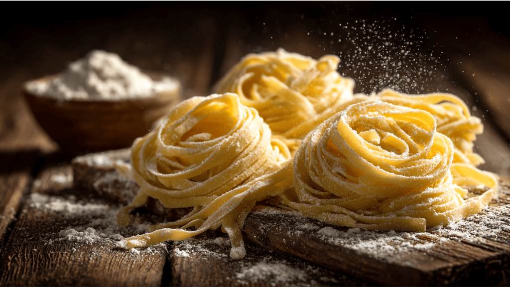 Hands nesting homemade fettuccine on wooden drying rack dusted with semolina