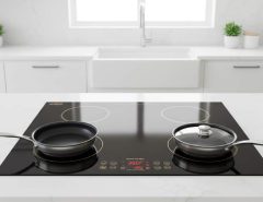 Sleek black induction cooktop with four heating zones in a modern white kitchen