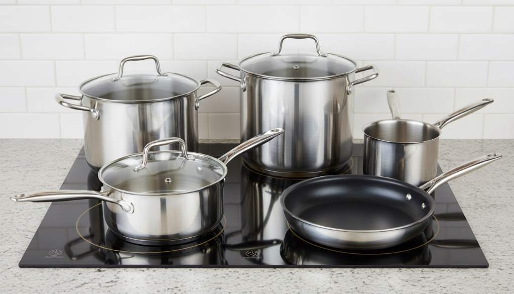 Stainless steel pots and pans compatible with induction cooking on a glass top
