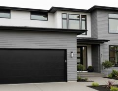 Contemporary home featuring sleek black flat-panel garage door with matching black trim and gray horizontal siding