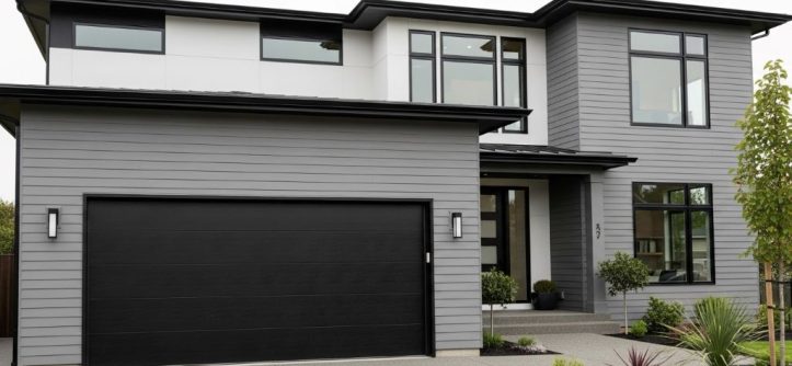 Contemporary home featuring sleek black flat-panel garage door with matching black trim and gray horizontal siding