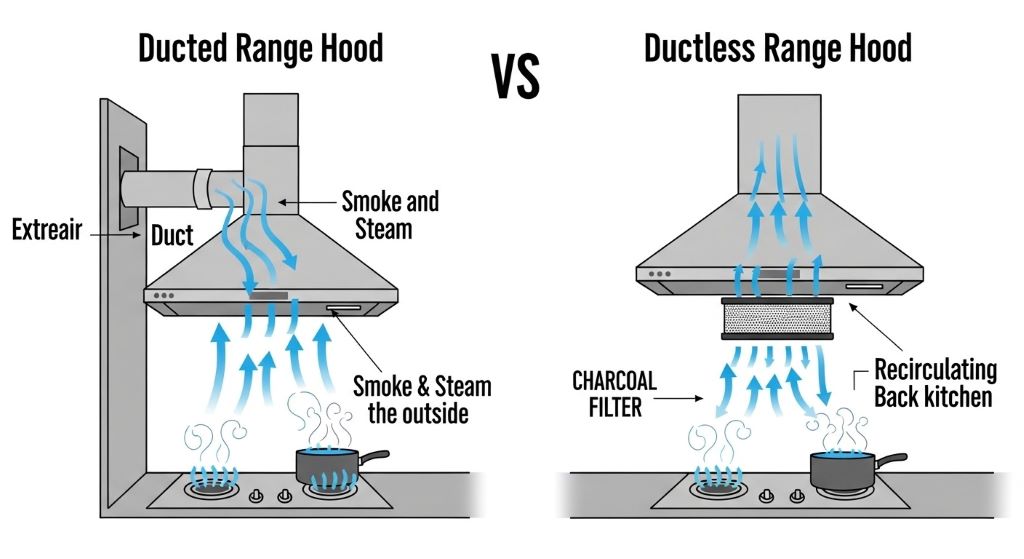 Comparison diagram showing ducted range hood venting outside versus ductless model recirculating air through filters