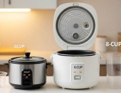 compact 3-cup rice cooker next to a larger 8-cup model showing clear capacity