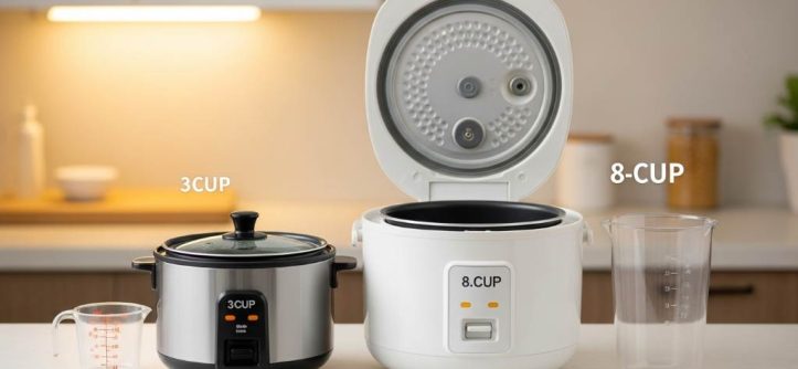 compact 3-cup rice cooker next to a larger 8-cup model showing clear capacity