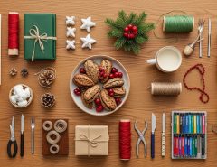 living room decorated with christmas tree garlands and warm lights