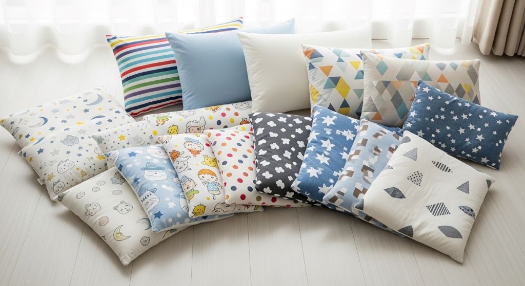 Various children's pillows showing different sizes and thicknesses for toddlers through school-age kids