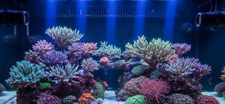 LED reef lighting illuminating coral reef aquarium