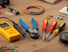 A beginner's DIY electrical kit laid out on a workbench, including a voltage tester, wire strippers, insulated screwdrivers, and electrical tape