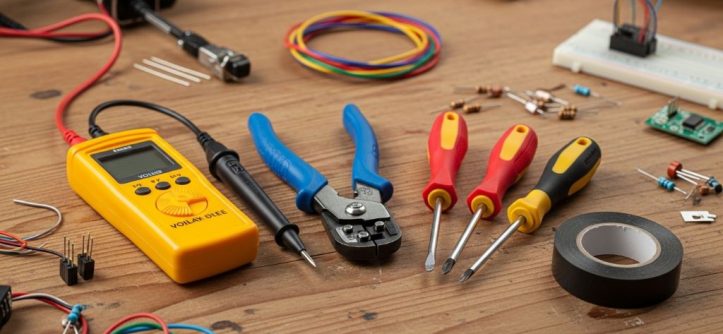 A beginner's DIY electrical kit laid out on a workbench, including a voltage tester, wire strippers, insulated screwdrivers, and electrical tape