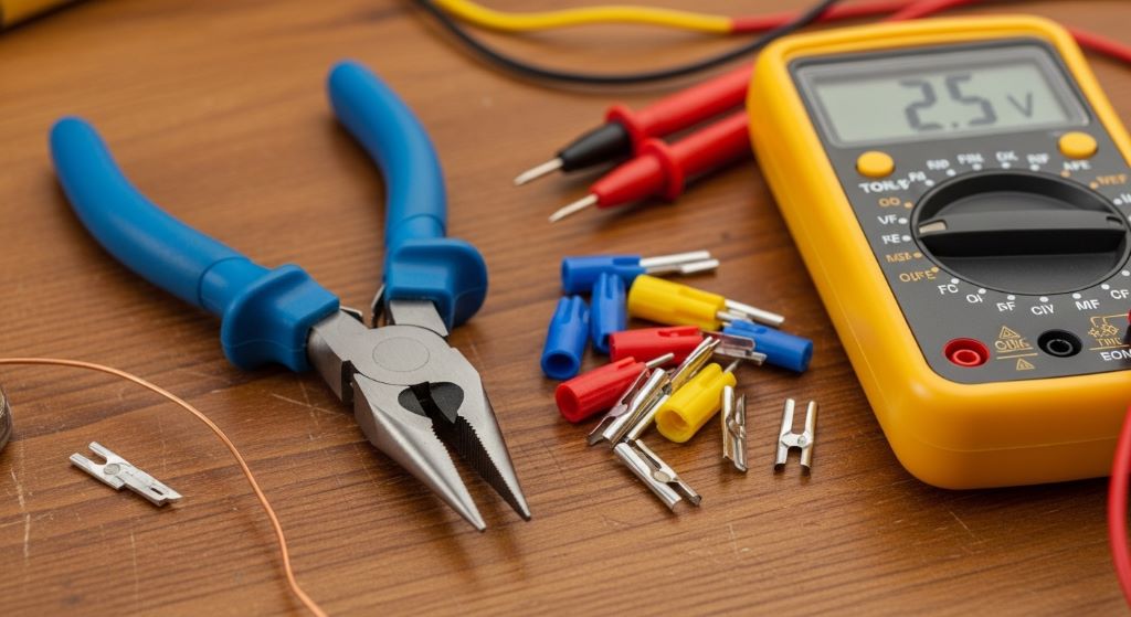Close-up of home wiring tools including needle-nose pliers, a multimeter, and wire connectors on a wooden surface