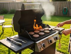 Person grilling burgers on an affordable gas grill in a sunny backyard