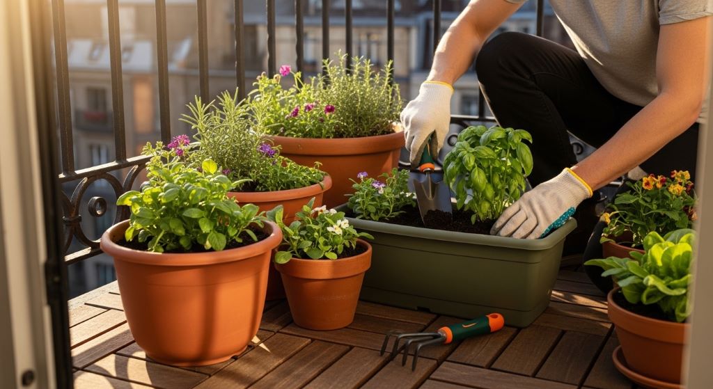 A person using compact gardening tools to tend to container plants on a small sunny apartment balcony