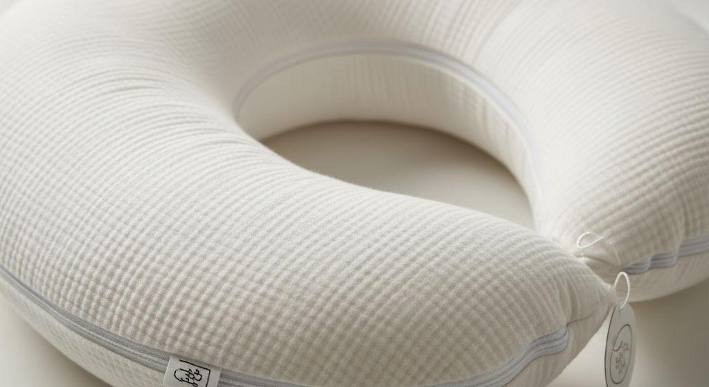 Close-up of a soft baby feeding cushion with a removable cotton cover