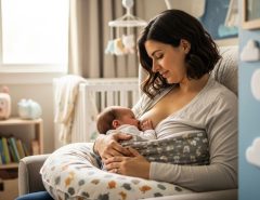 Mother using a C-shaped breastfeeding support pillow to nurse her newborn baby
