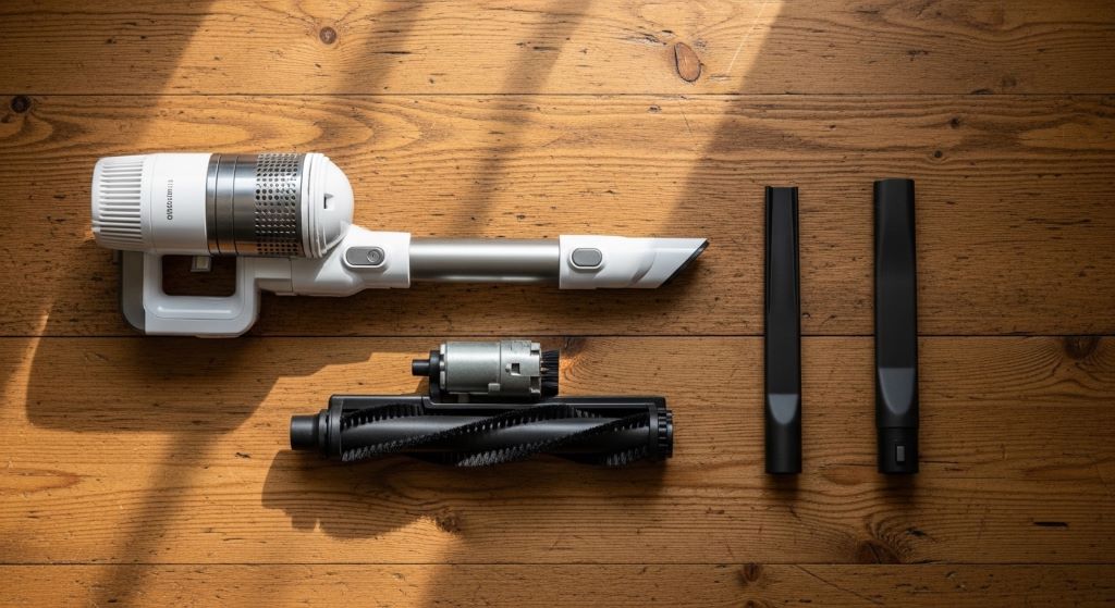 A flat lay of popular home cleaning tools for stairs including a cordless stick vacuum, crevice tool attachment, and motorized brush roll on a wooden floor.