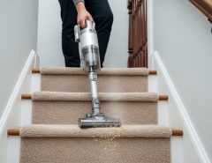 A lightweight cordless handheld vacuum being used to clean the carpet on a narrow residential staircase with beige low-pile carpet.
