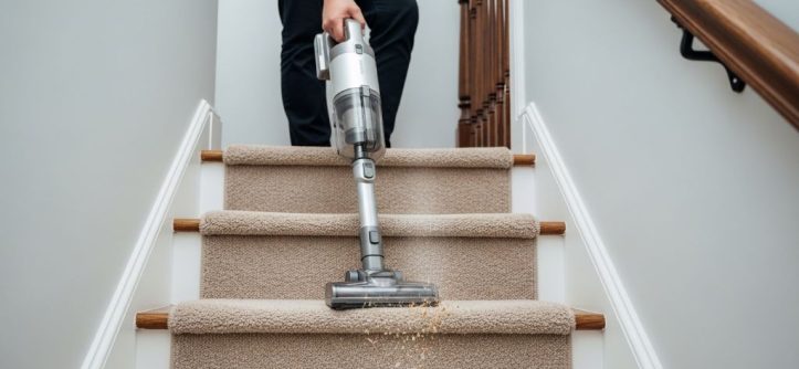 A lightweight cordless handheld vacuum being used to clean the carpet on a narrow residential staircase with beige low-pile carpet.