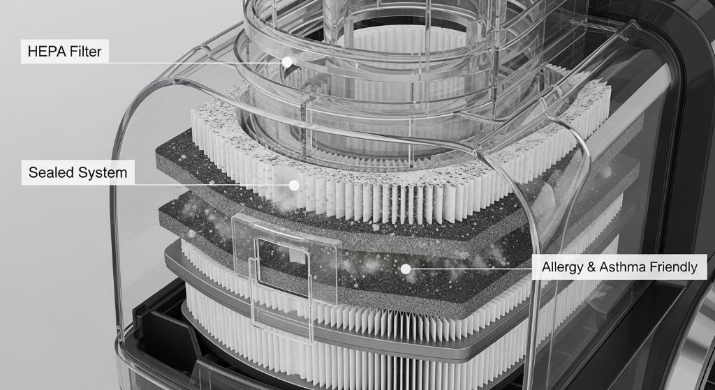 Close-up of a vacuum cleaner's sealed HEPA filtration system designed for allergy and asthma sufferers