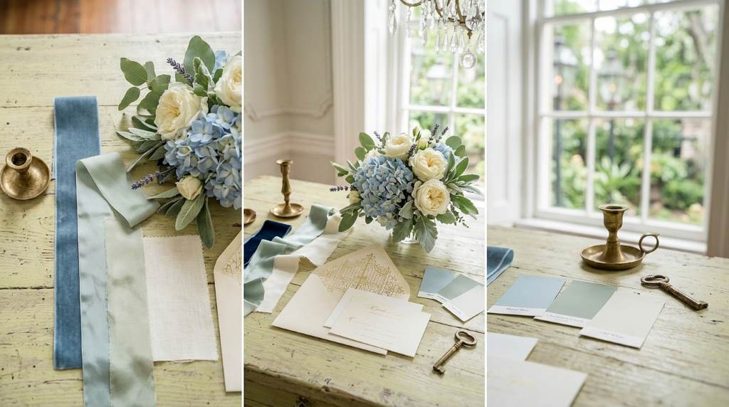 Blush pink and antique gold Southern wedding palette