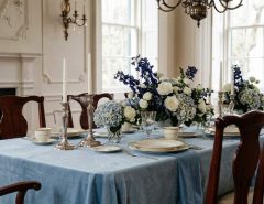 Elegant Charleston SC wedding reception with dusty blue and ivory coastal décor