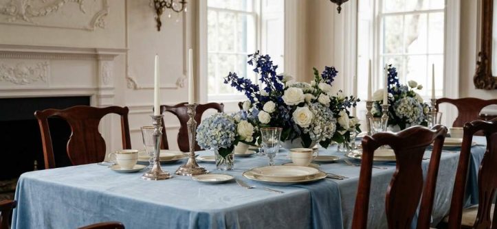 Elegant Charleston SC wedding reception with dusty blue and ivory coastal décor