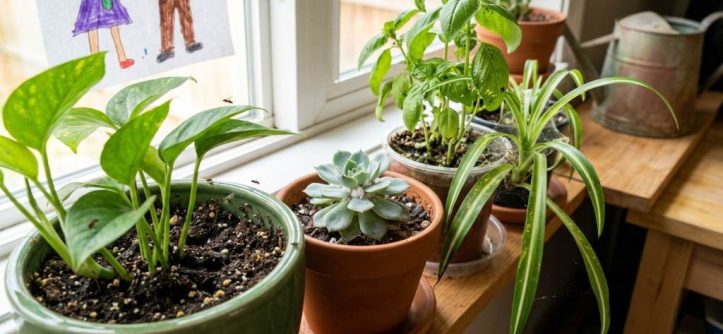 Family inspecting indoor potted plants for common pests in a Phoenix Arizona home