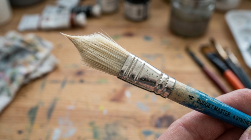 Close-up of budget paint brush bristles showing fine tip detail and metal ferrule construction for quality assessment