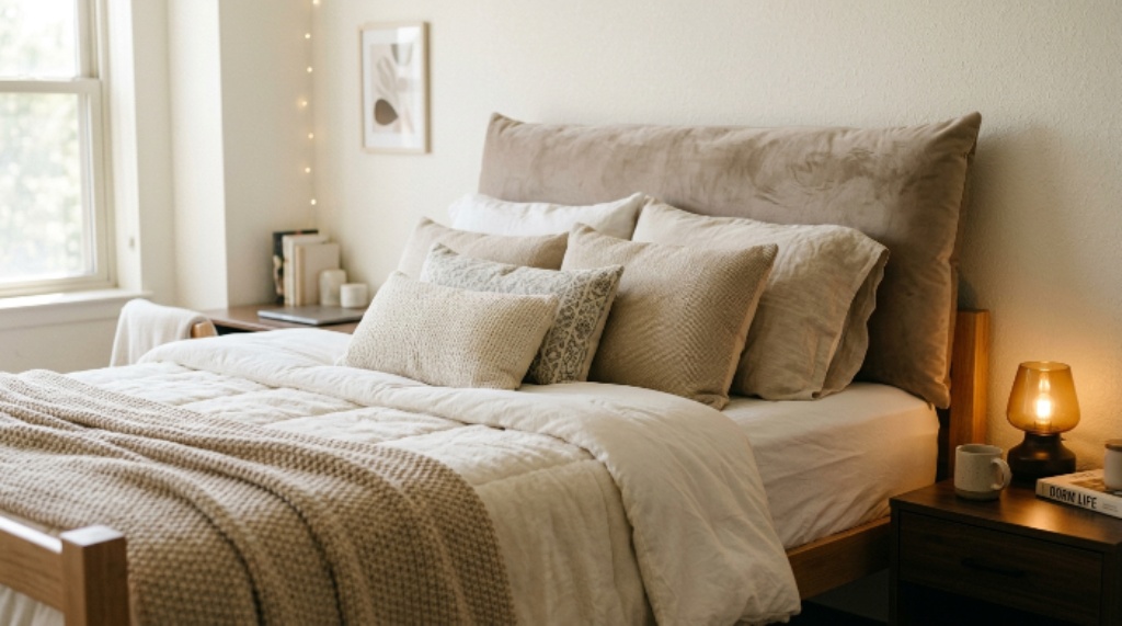 Close-up of a twin XL dorm bed with a velvet pillow headboard and layered college bedding in neutral tones