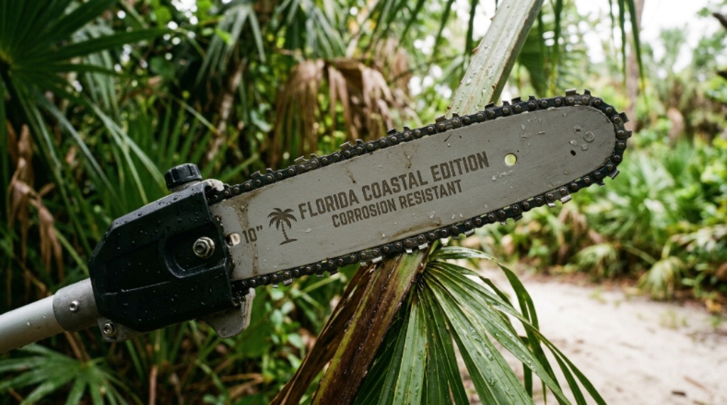 Close-up of a corrosion-resistant pole saw bar and chain suitable for humid Florida coastal conditions