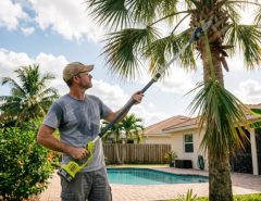 Homeowner using a cordless pole saw to trim tall palm tree fronds in a sunny Florida backyard