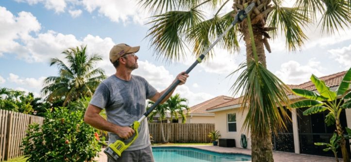 Homeowner using a cordless pole saw to trim tall palm tree fronds in a sunny Florida backyard