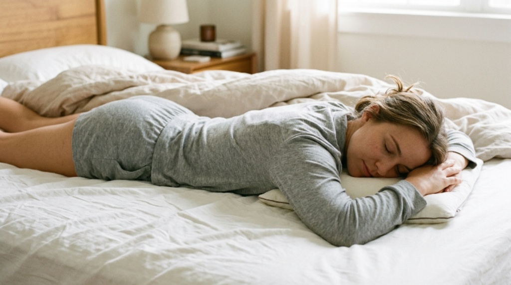 Person sleeping comfortably on stomach with a low loft pillow for proper spinal alignment