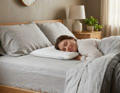 A thin, flat pillow placed on a bed, ideal for stomach sleepers seeking low-loft support