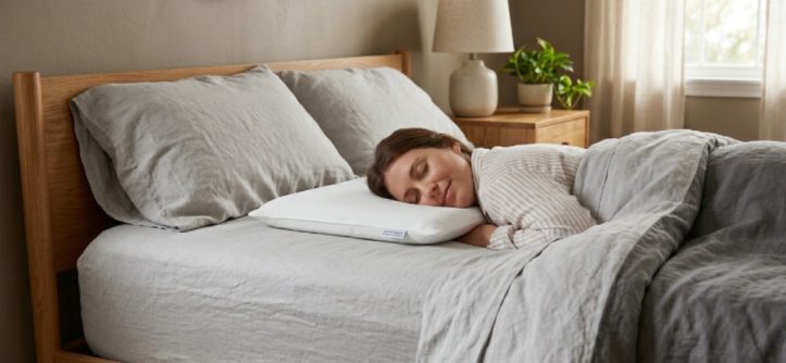 A thin, flat pillow placed on a bed, ideal for stomach sleepers seeking low-loft support