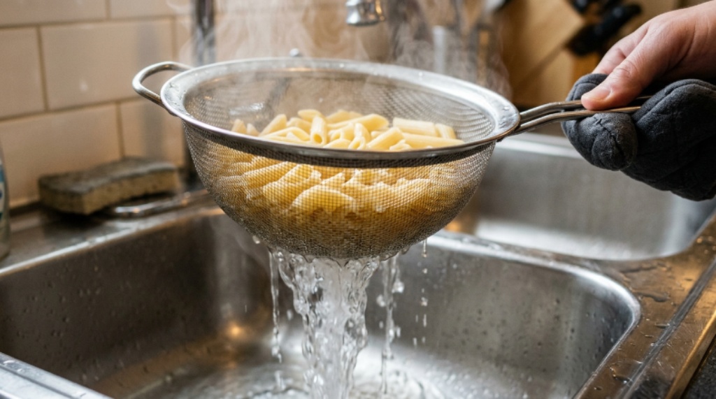 Close-up of a stainless steel pasta strainer draining boiling water over a kitchen sink