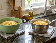 Side-by-side comparison of a plastic colander and a stainless steel pasta strainer on a kitchen countertop