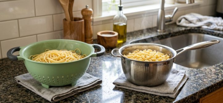 Side-by-side comparison of a plastic colander and a stainless steel pasta strainer on a kitchen countertop