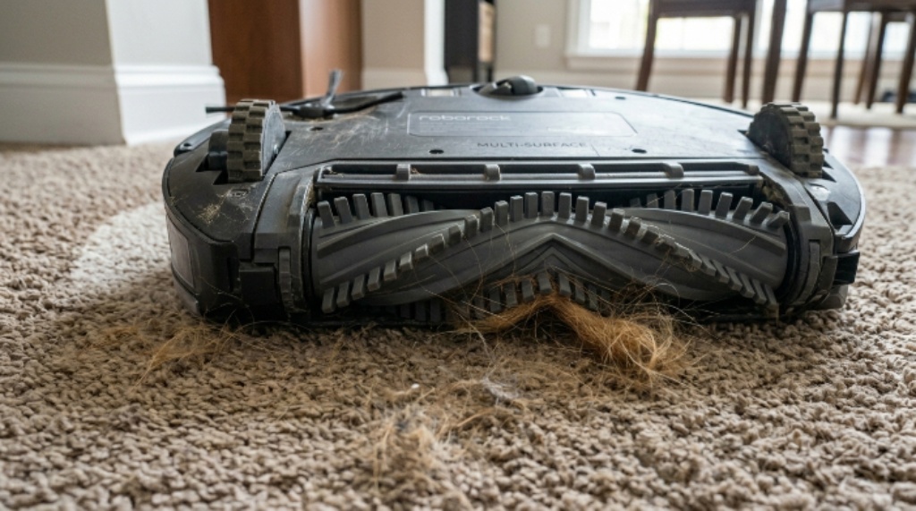 Close-up of a robot vacuum with a rubber brush roll removing dog hair