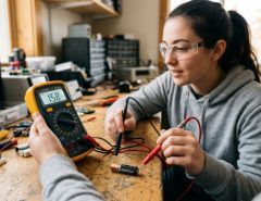Beginner holding a digital multimeter with red and black probes connected to a battery for voltage testing