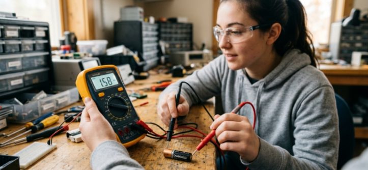 Beginner holding a digital multimeter with red and black probes connected to a battery for voltage testing