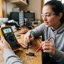 Beginner holding a digital multimeter with red and black probes connected to a battery for voltage testing