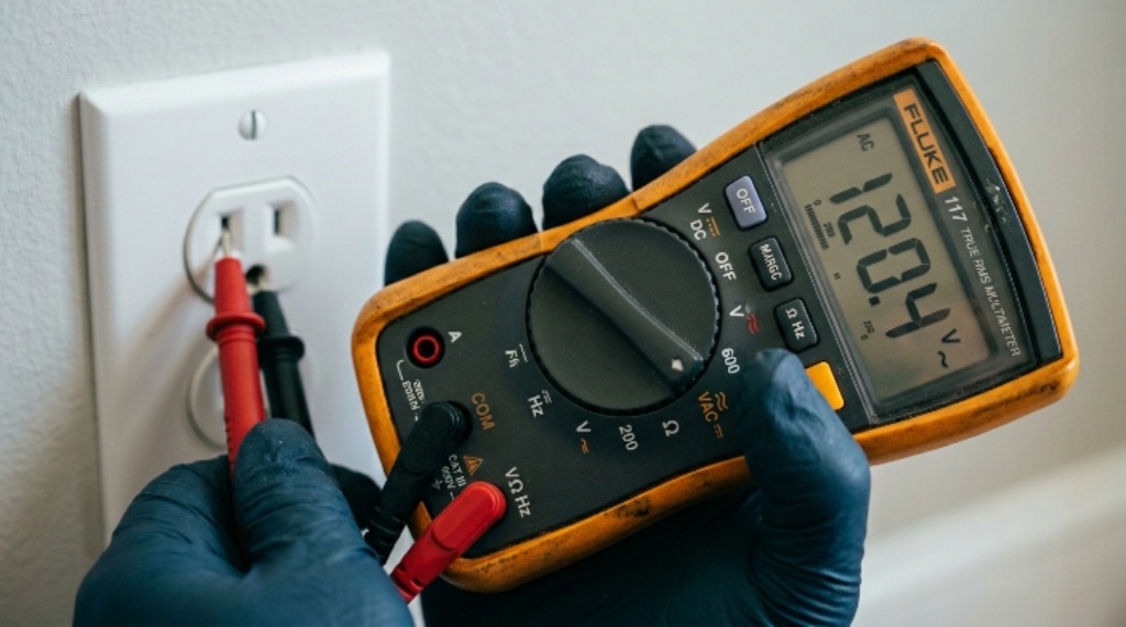 Close-up of a multimeter dial set to AC voltage for home outlet electrical testing