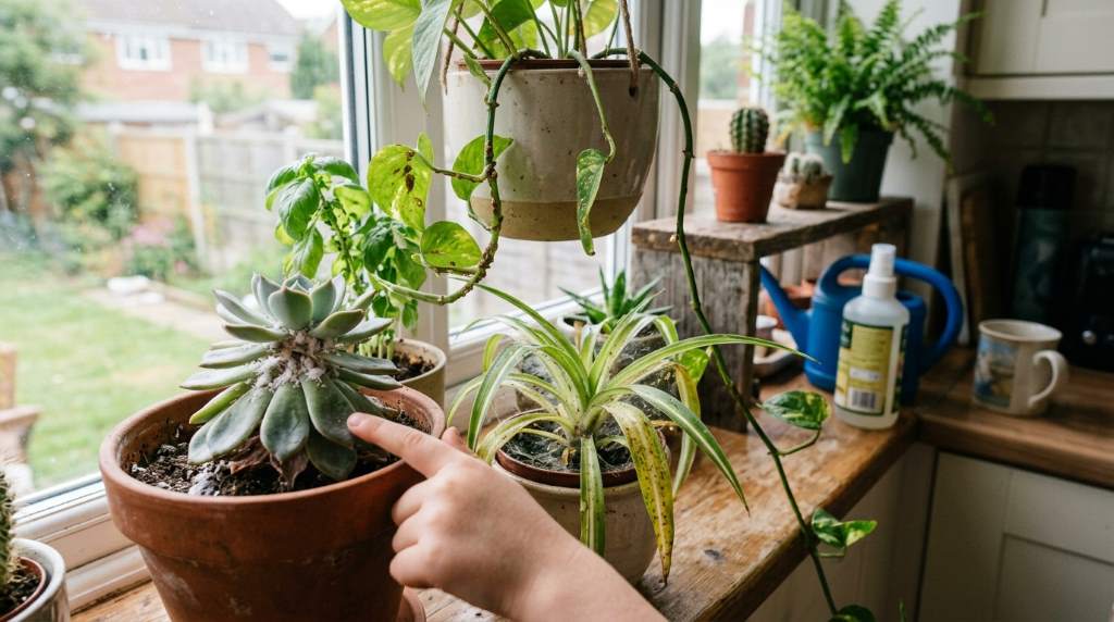 Spider mite infestation on houseplant leaves during hot Phoenix summer weather